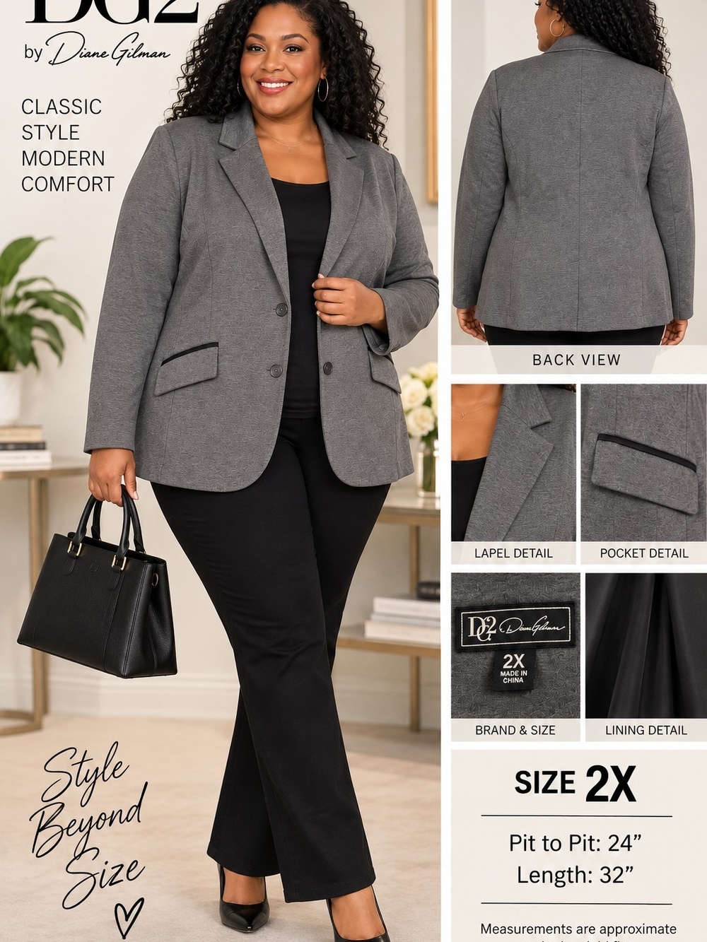 DG2 Diane Gilman Gray Knit Blazer Jacket Size 2X Stretch Black Trim